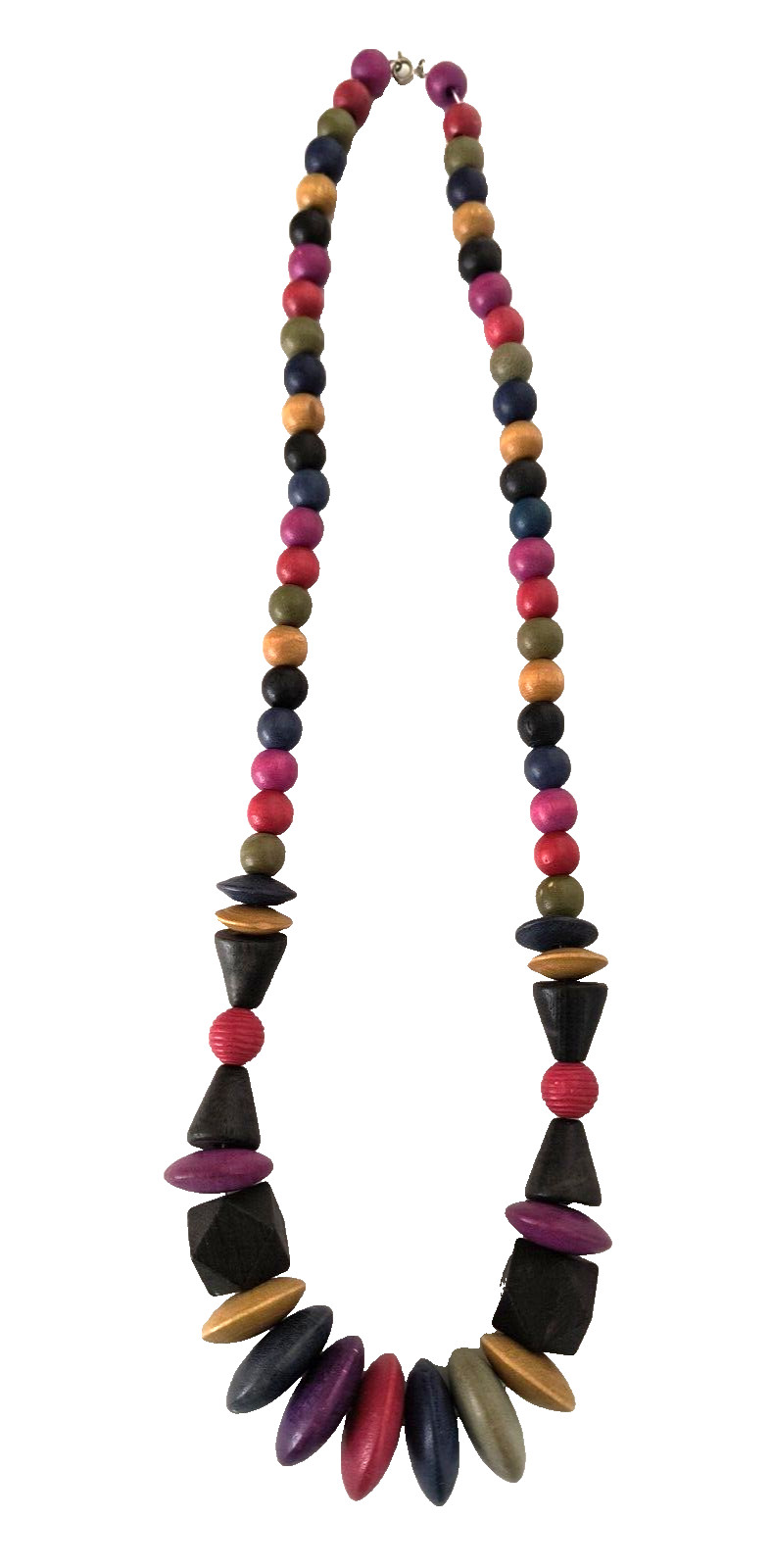 Women’s Statement Necklace Multicolor Wooden Beads Assorted Sizes 15 in drop