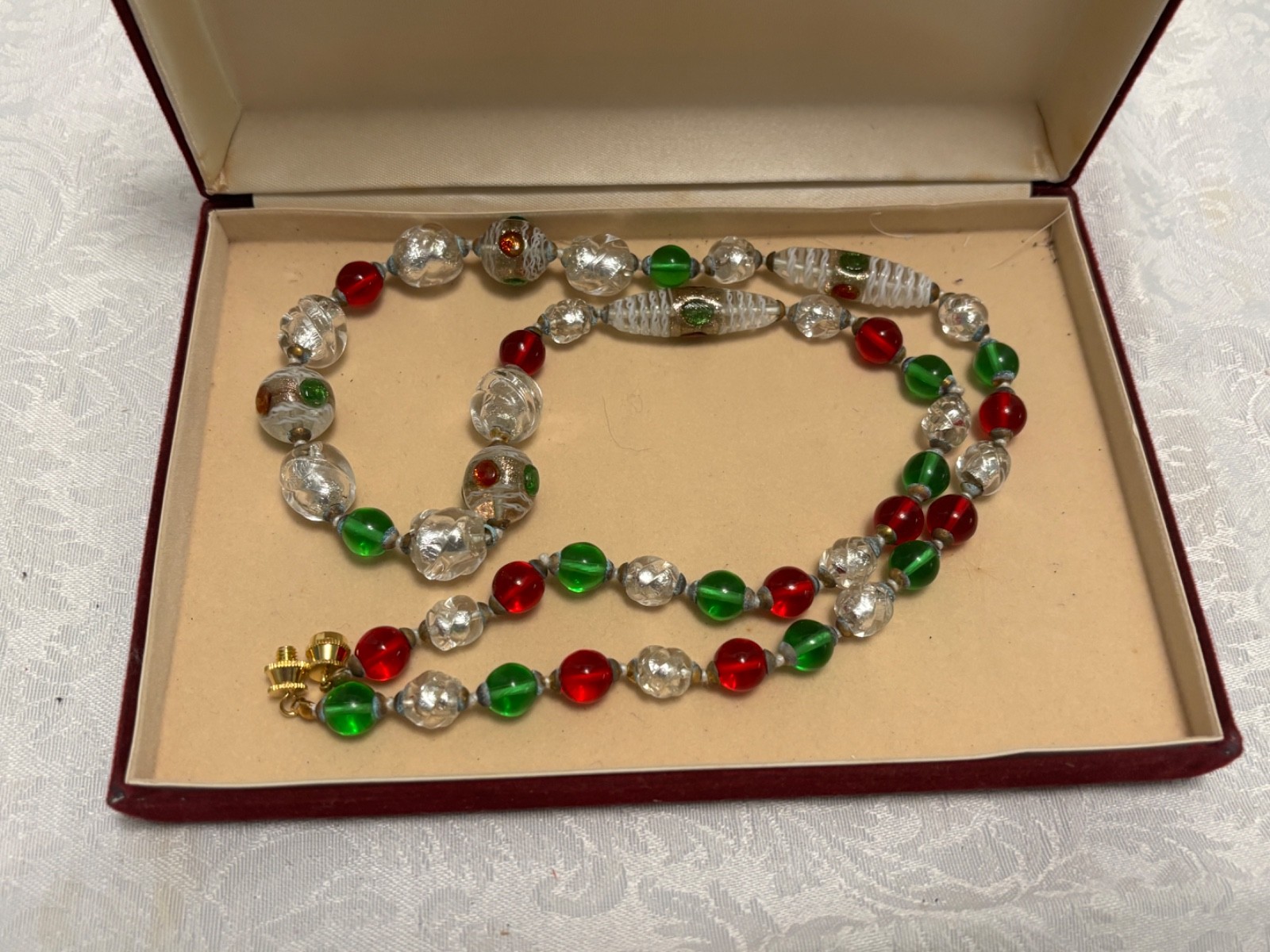 Venetian Glass Beads NECKLACE 30″ White Red Green Silver Handcrafted Italy Boxed