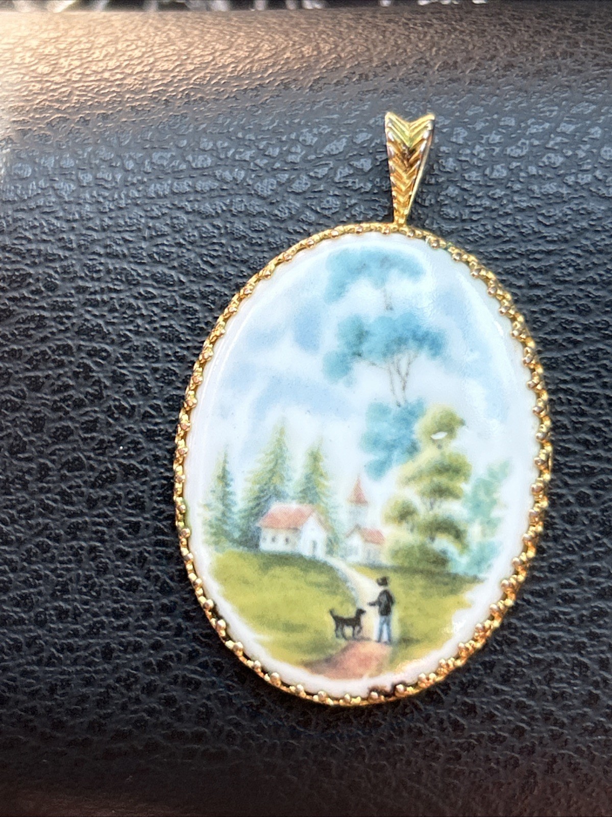 Vintage Pendant Porcelain Hand Painted Scene Boy & Dog Kaiser West Germany