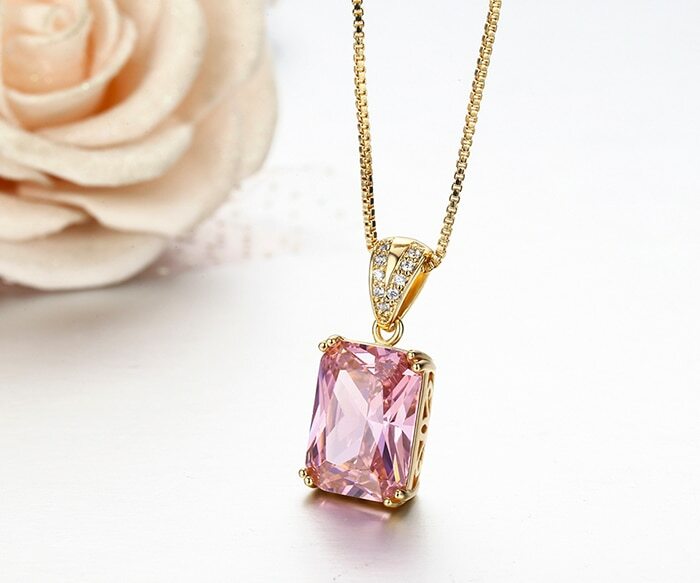 ZARD Pink CZ Solitaire Emerald Cut Pendant Necklace in Gold Vermeil