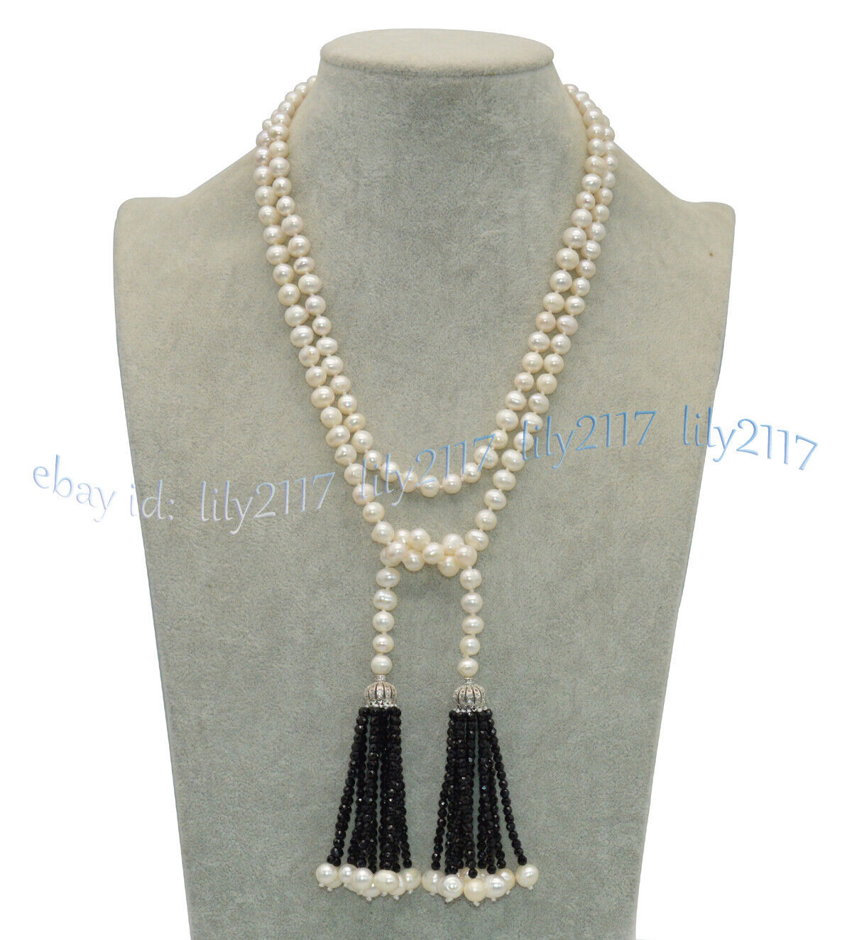 7-8mm Natural White Freshwater Pearl Black Spinel Tassel Pendant Scarf Necklace