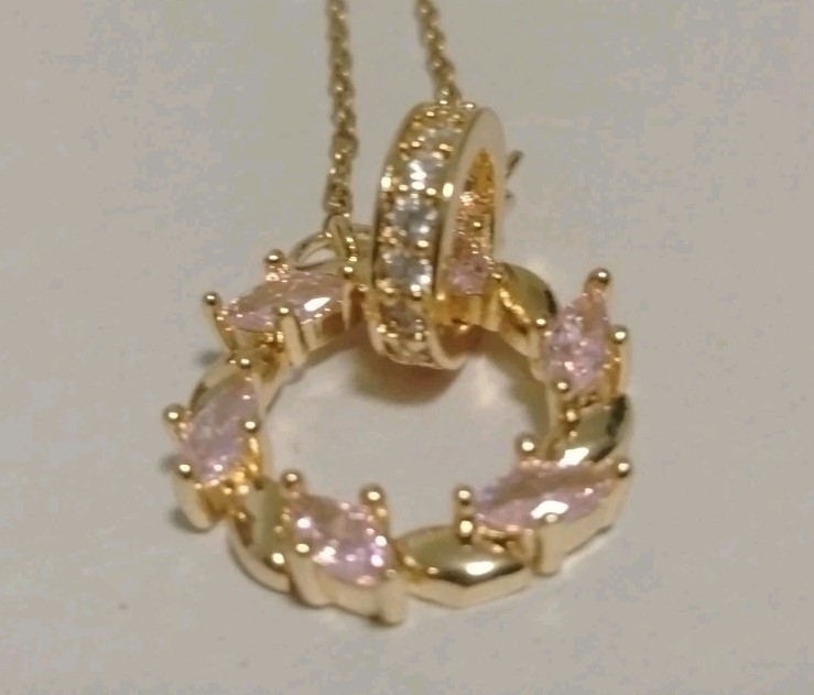 Gold and Pink Circular Pendant Necklace Gold Chain Necklace
