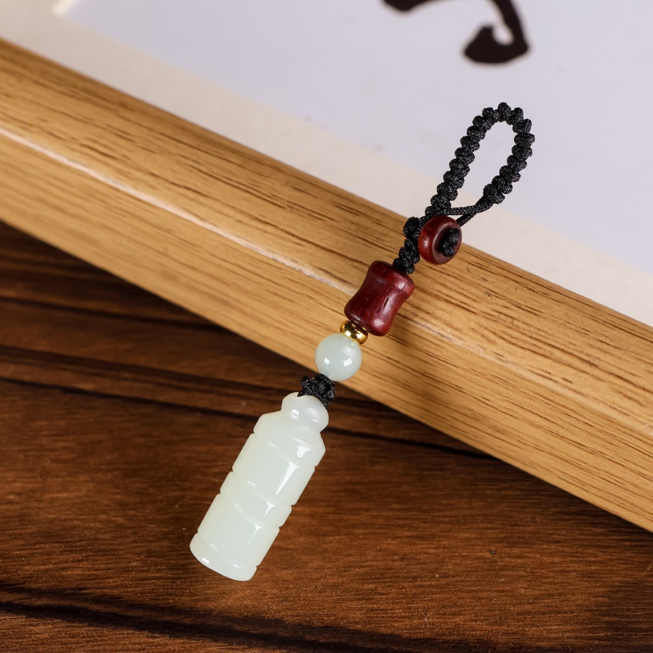 Certifed Natural Hetian jade Green White Carving Bamboo seal Car key pendant