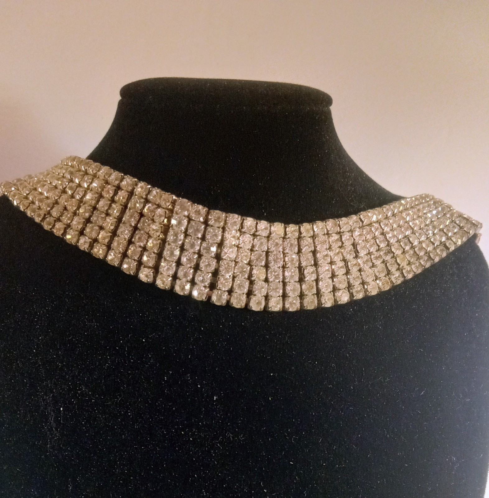 Silver Tone Multi Row Rhinestone Chocker Necklace 16 Inch