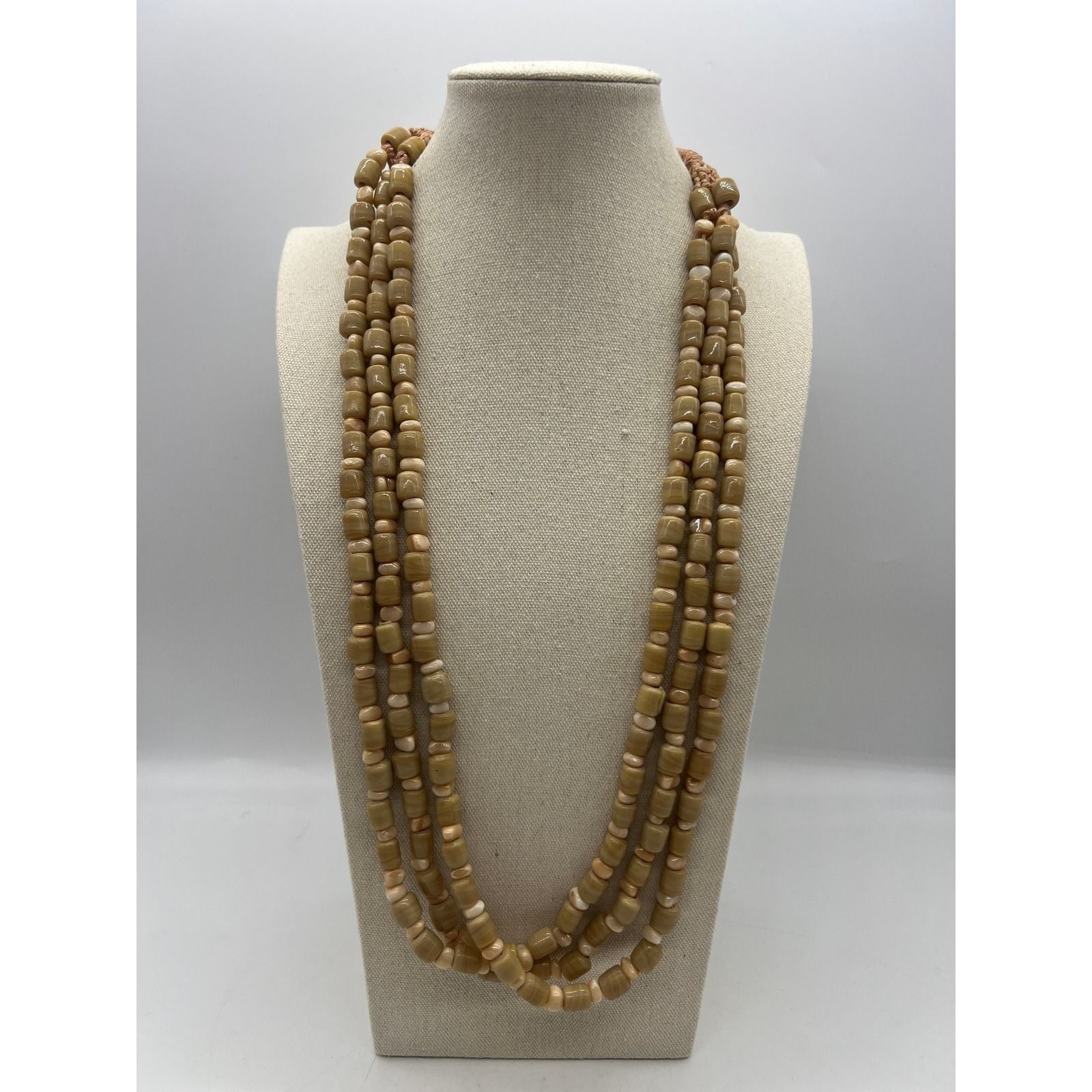 Multi Strand Chalcedony Agate Bead Necklace Boho Statement Artisan Tan