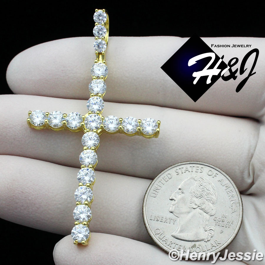 925 STERLING SILVER 18″-28″X3MM GOLD PLATED TENNIS CHAIN CZ CROSS PENDANT*GP170