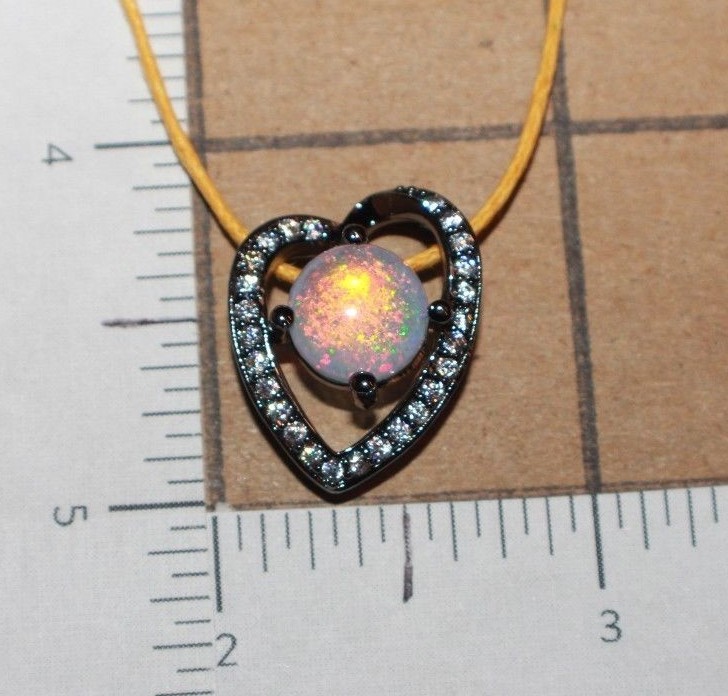 fire opal Cz necklace pendant gems black silver jewelry modern heart cocktail