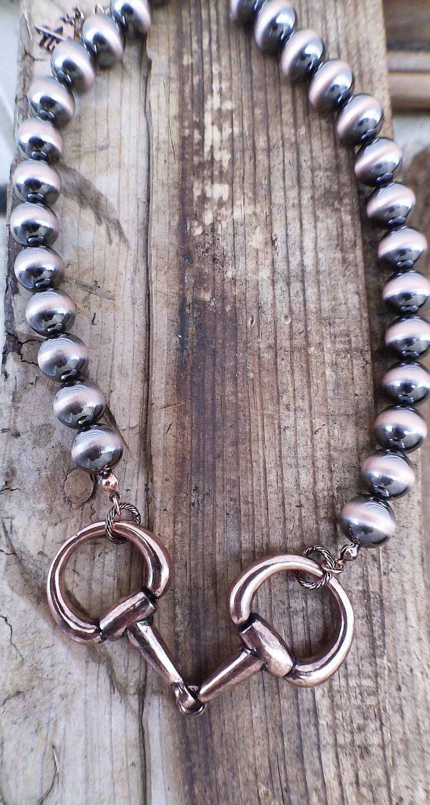 Snaffle Bit Pendant Necklace | Navajo-Style Pearl Beads | Bronze Rodeo Jewelry