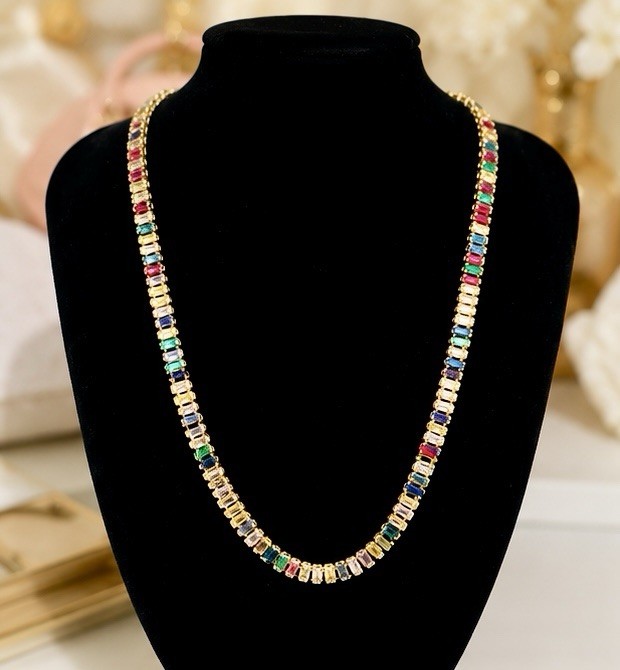 Multicolor Non-Tarnish Baguette Crystal Tennis Necklace Prong Set.