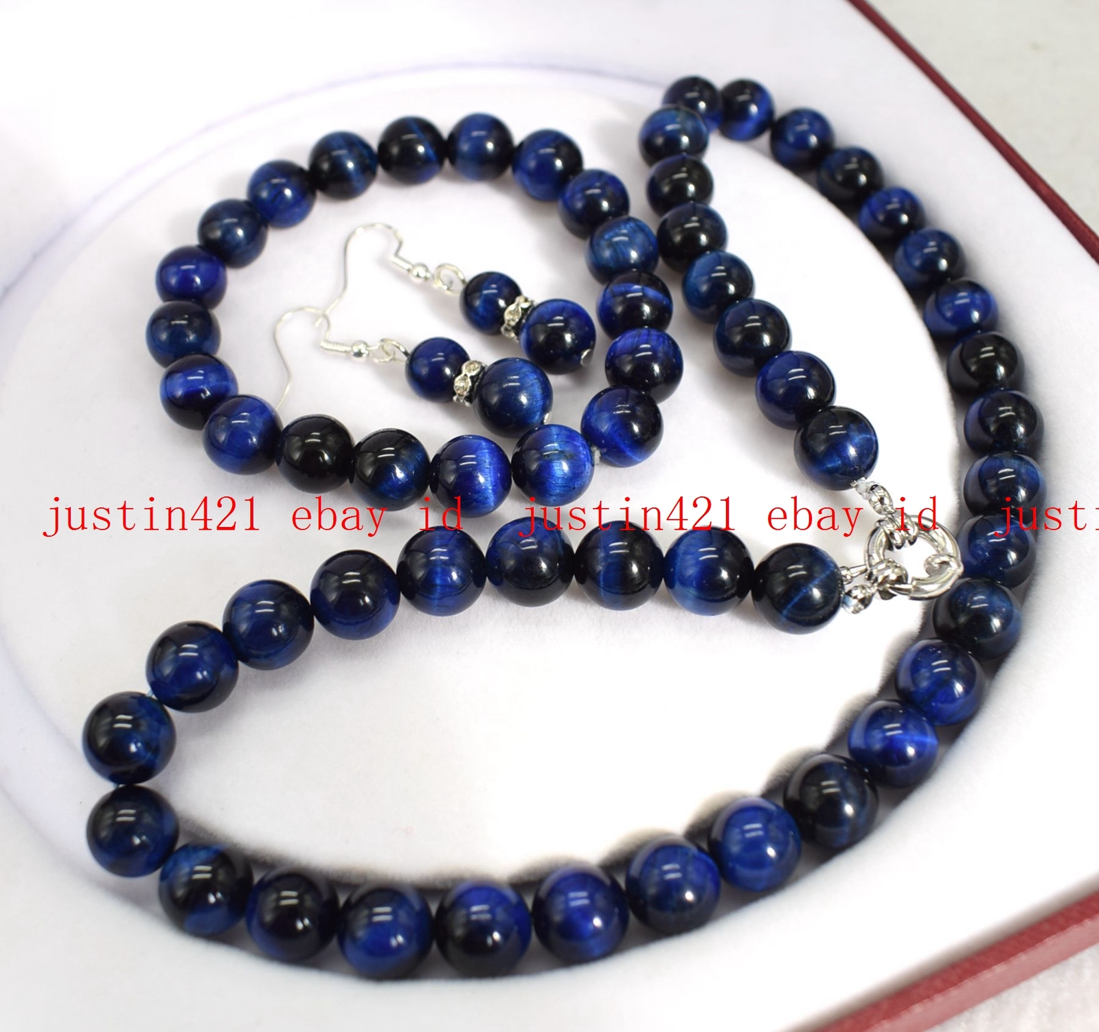 6-14mm Blue Tiger’s Eye Round Gemstone Beads Necklace Bracelet Earrings Set 18”