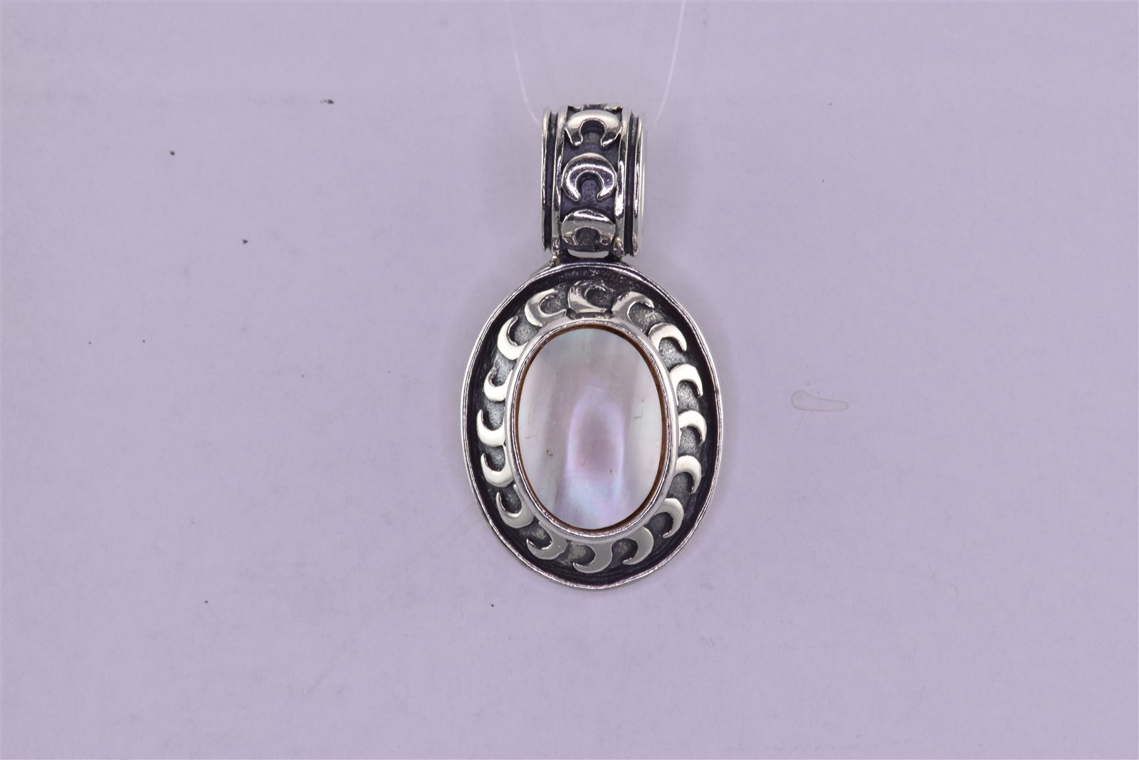 Sterling Silver 32mm x 18mm Mother of Pearl Carved Moons Bezel 925 Pendant