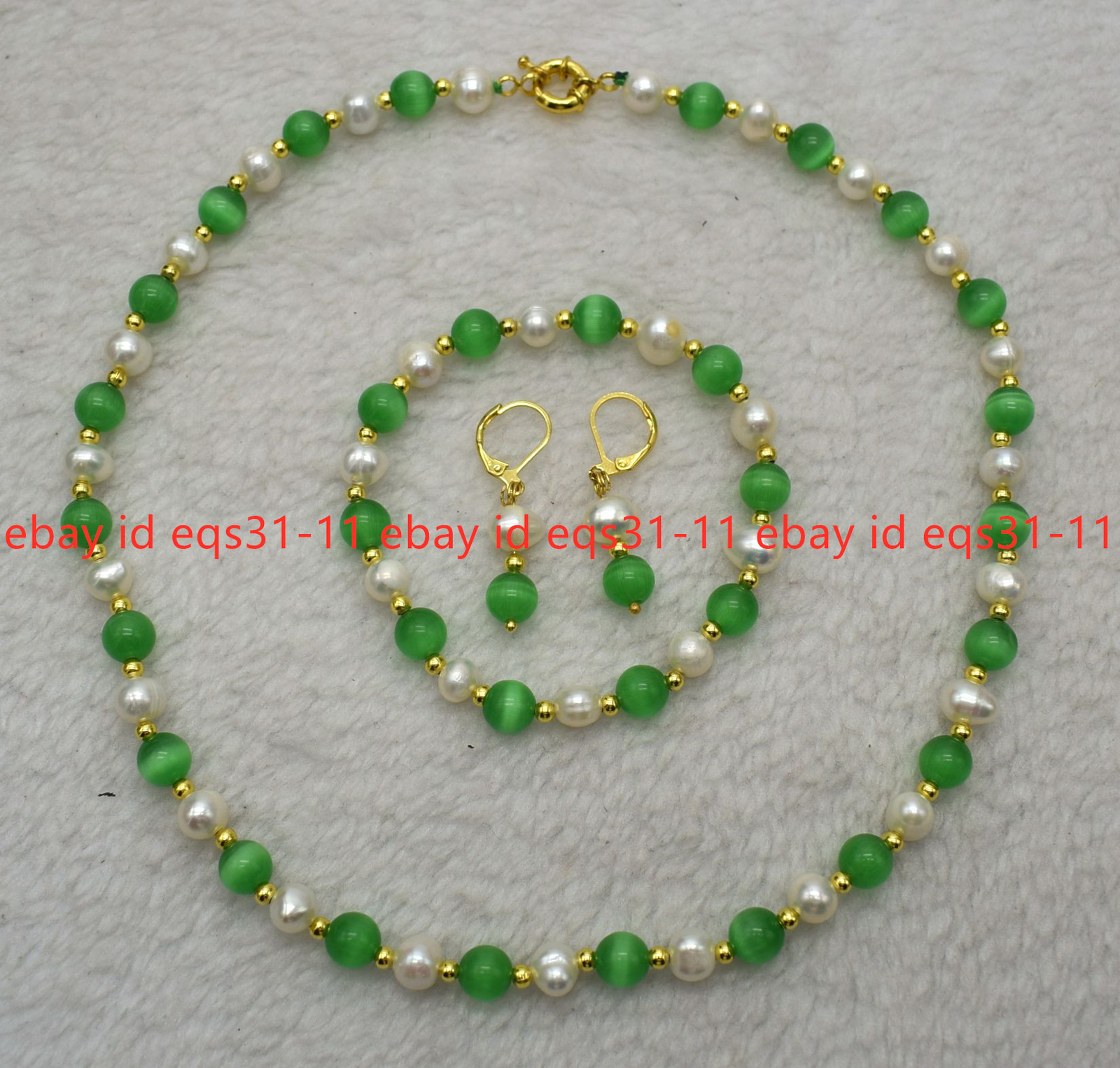 8mm Green Jade & 7-8mm White Cultured Pearl Necklace Bracelet Earrings Set 18”