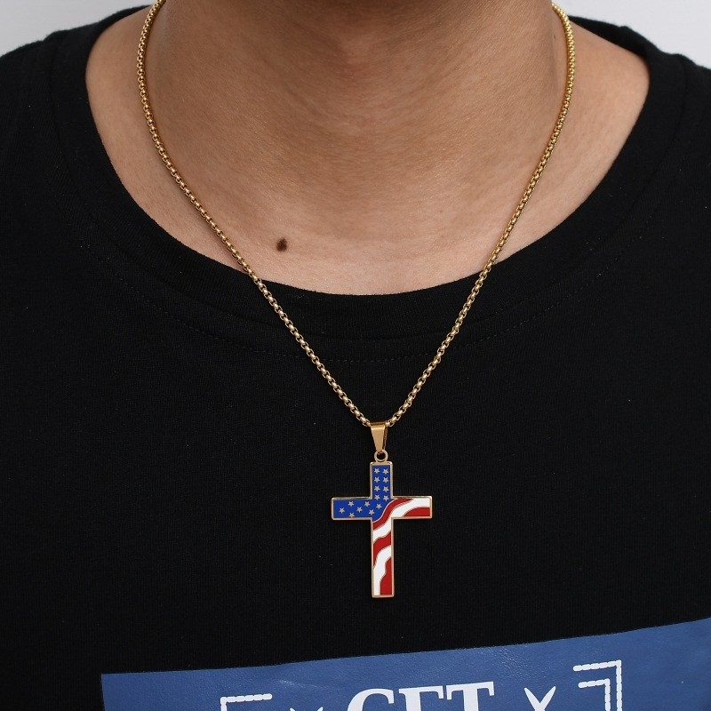 Stainless Steel Religious Christmas Enamel American Flag Cross Pendant Necklace