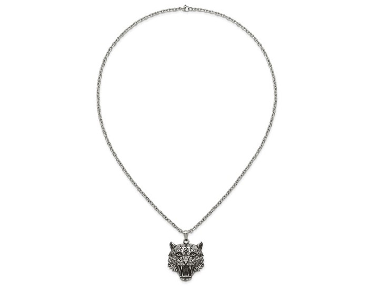 Stainless Steel Tigers Head Pendant Necklace with Chain (24 Inches)