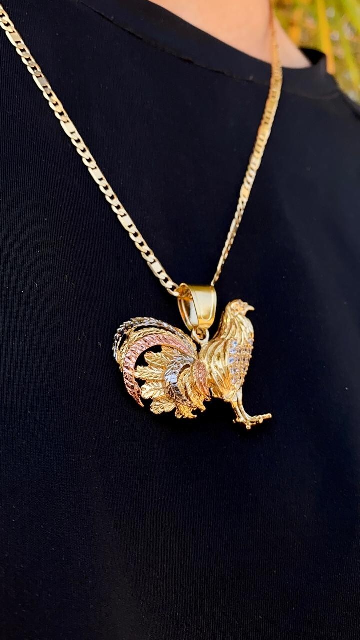 14K Gold Filed Chicken Rooster Pendant Necklace 24″ Figaro Valentino Mens Cadena