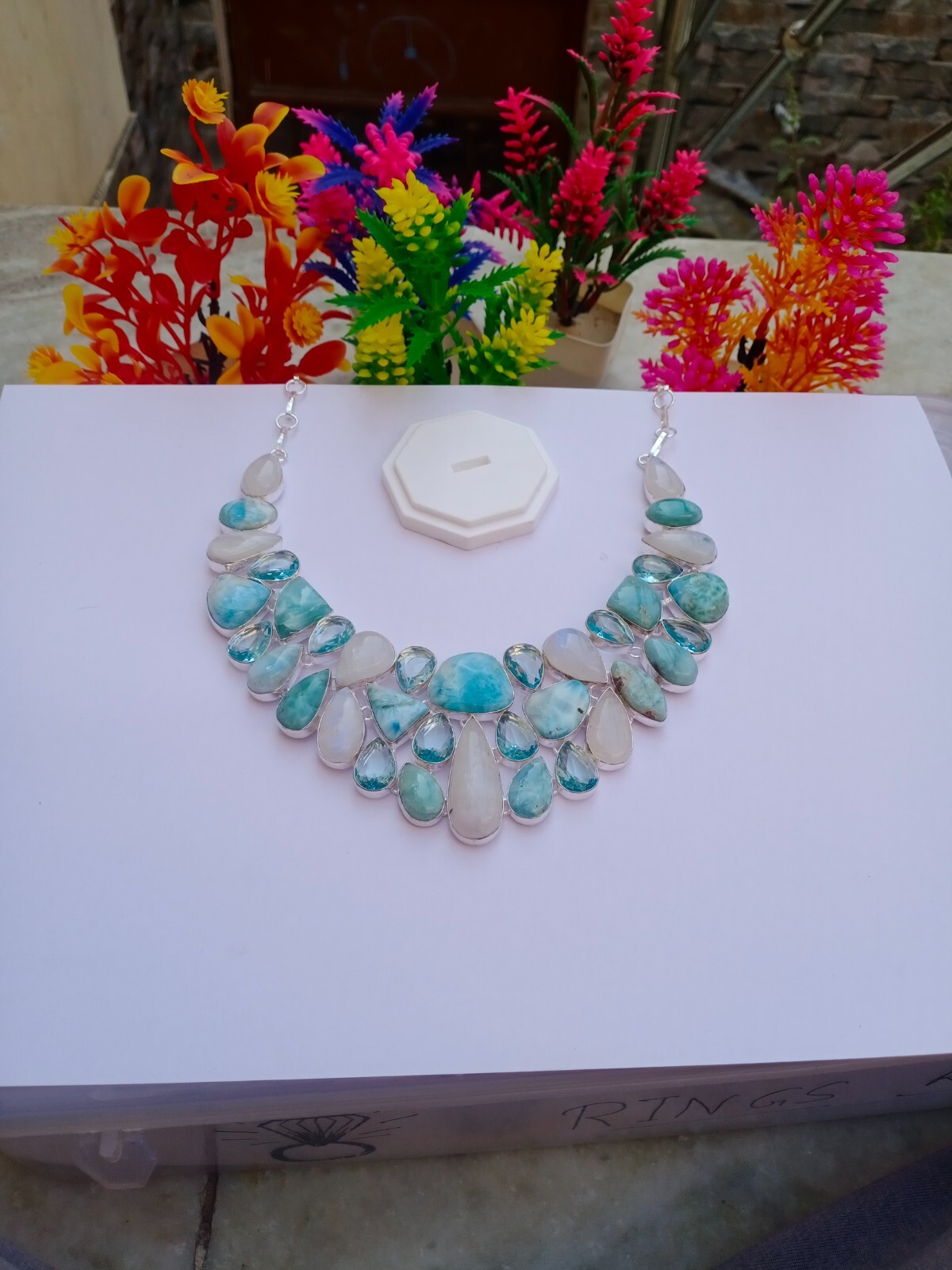 Natural Moonstone Necklace, Silver Plated Necklace, Larimar, Aquamarine Stone