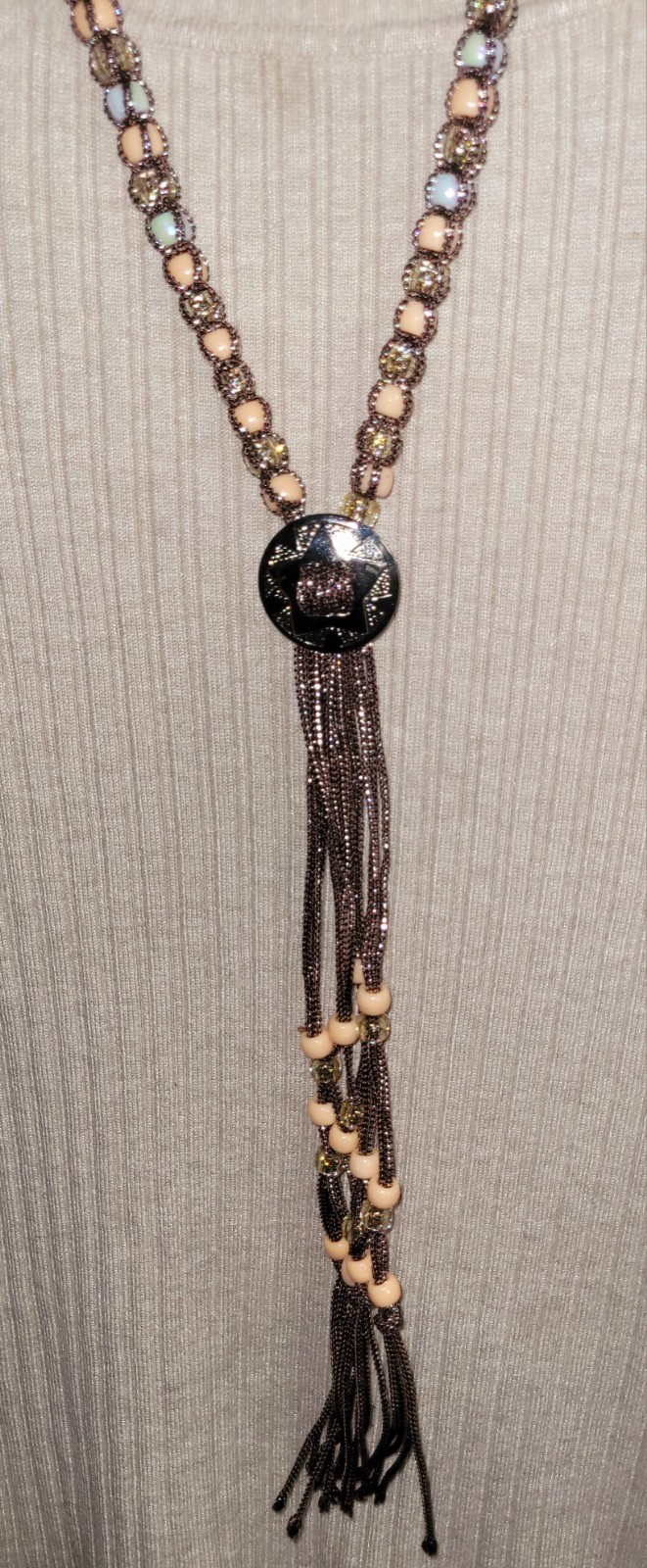 Vintage Western Bolo Tie Brown Silver Cord Silver Tone Concho Beaded Necklace