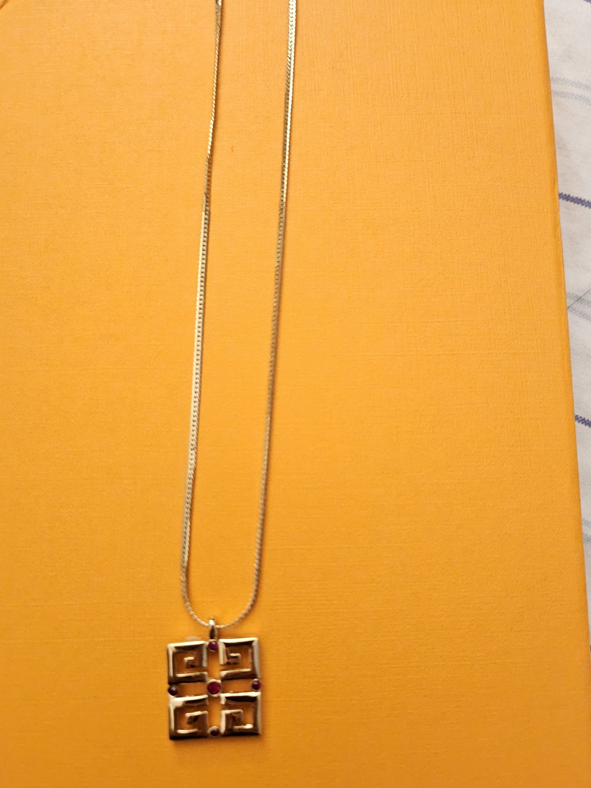 Givenchy Signed Gold Tone Herringbone Chain Square Logo Pendant Necklace