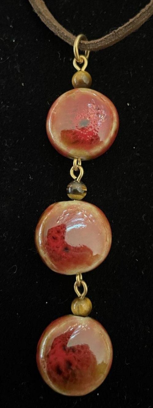 KJK signed Three Red Stones on Brown Rope Necklace. Gift box