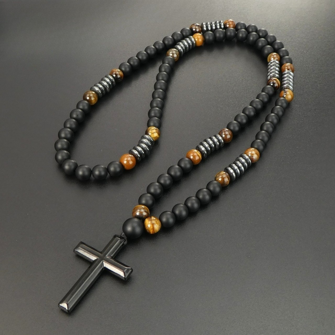 Black Obsidian Tiger Eye Black Alloy Cross Pendant Necklace Men Women Gift New