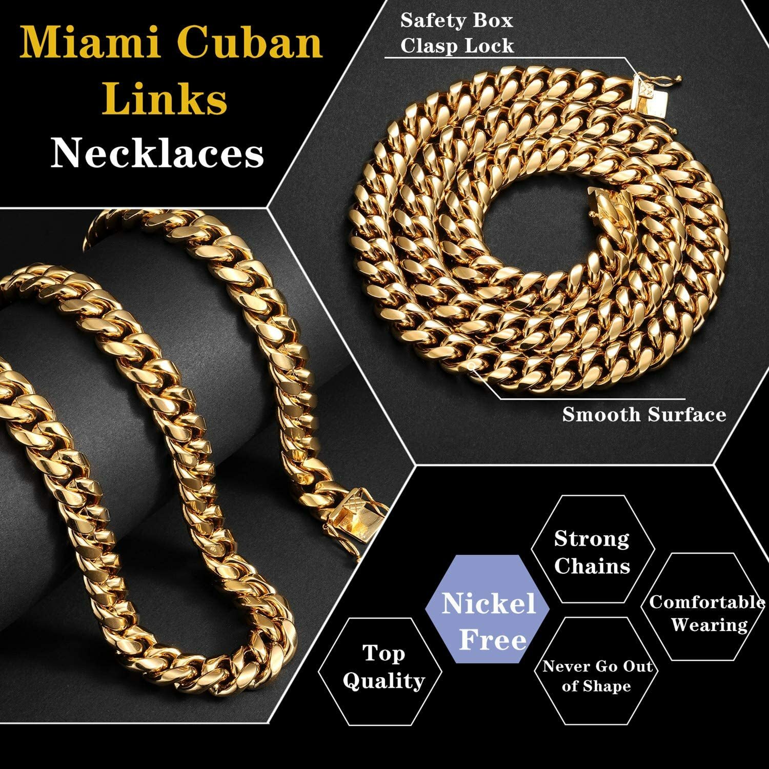 Heavy Gold Plated Stainless Steel Miami Cuban Link Curb Necklace 14mm 18-30 inch