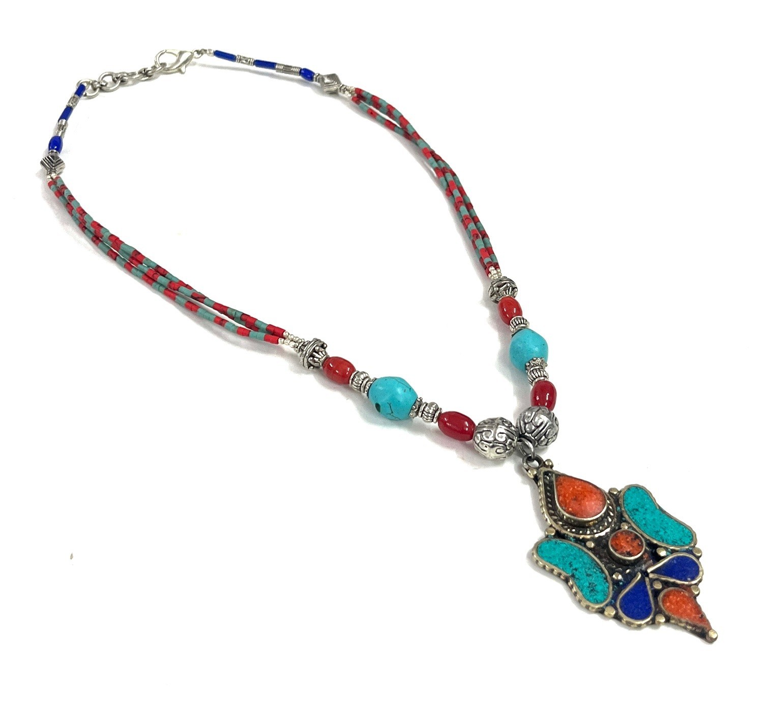 Nepalese Turquoise Coral Gemstone Tibetan Necklace Jewelry, 18 inch Adjus