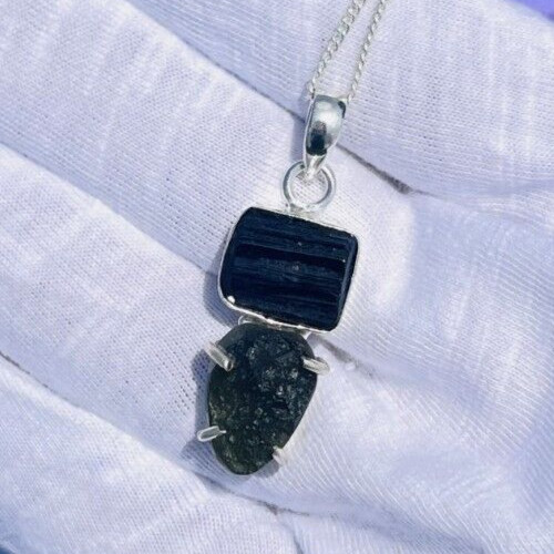 Moldavite with Tourmaline Pendant Handmade Jewelry 925 Silver Pendant for women
