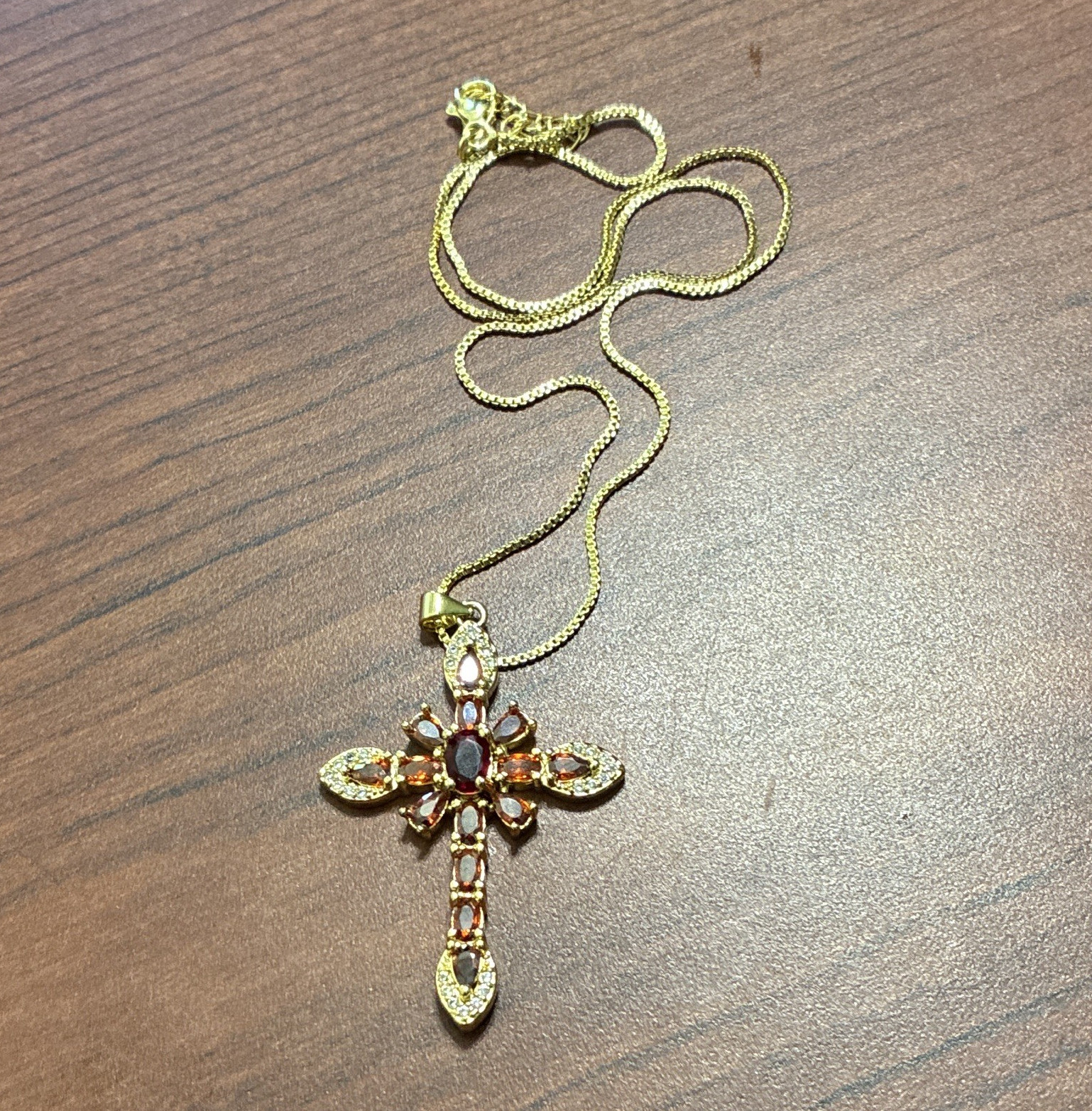 Gold Tone Cross Pendant Necklace Red Round Stone Snake Chain Lobster Clasp