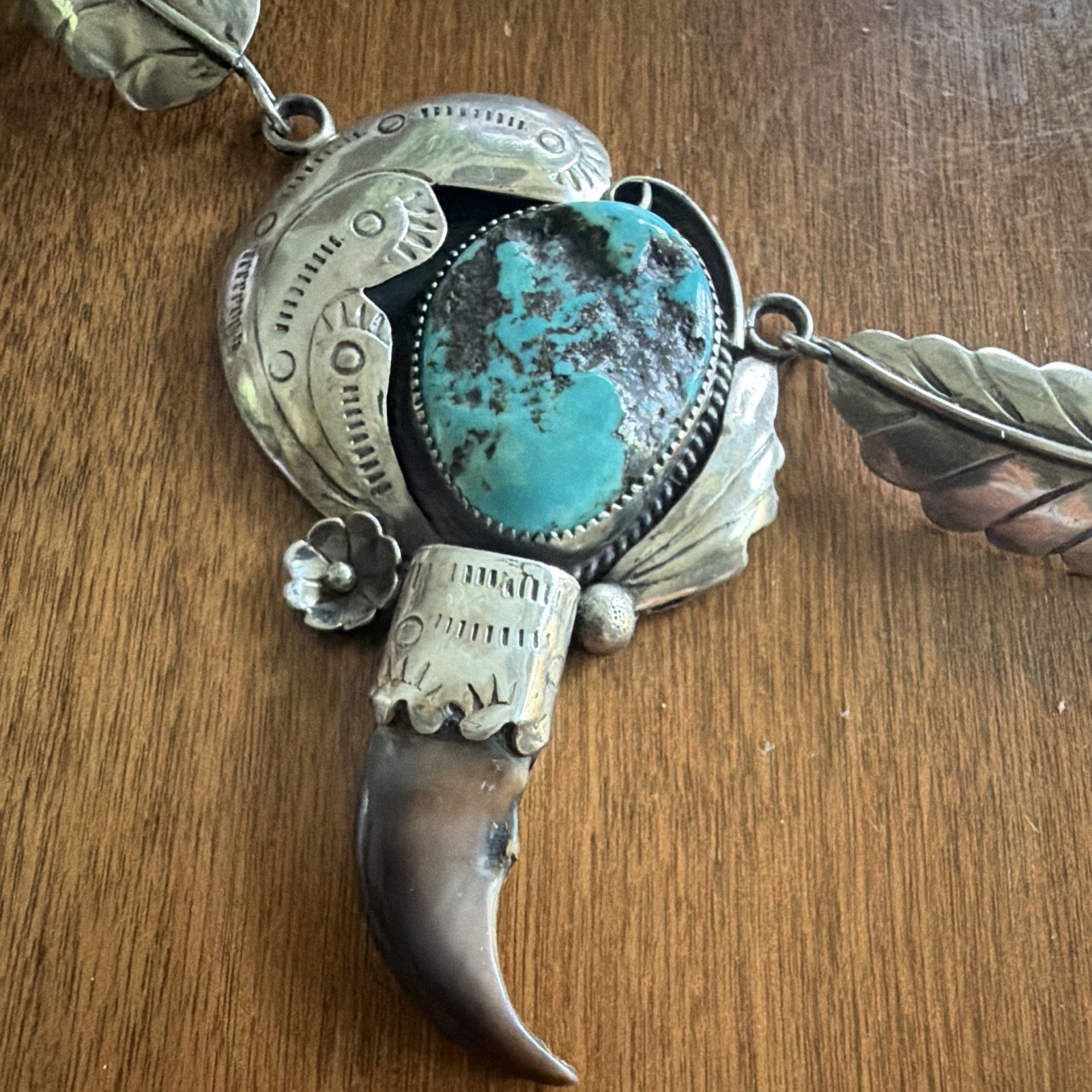 Turquoise & Coral Claw Charm Pendant Necklace, Silver Statement, Signed