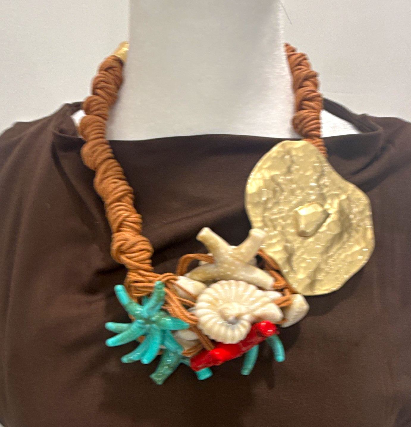Statement Cord Necklace Sea Life Charm Pendant Brown Gold Multicolor Adjustable