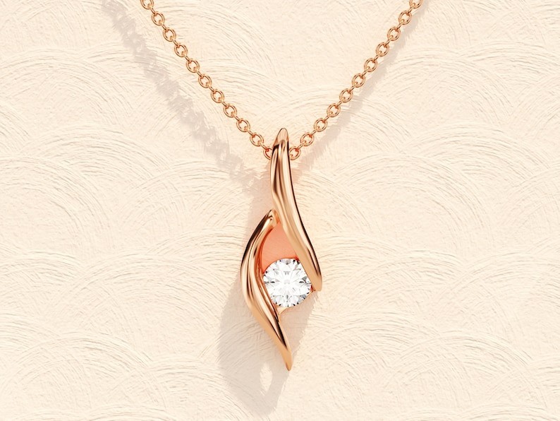 0.10 CT Round Moissanite 14K Gold Solitaire Wave Pendant Necklace For Her