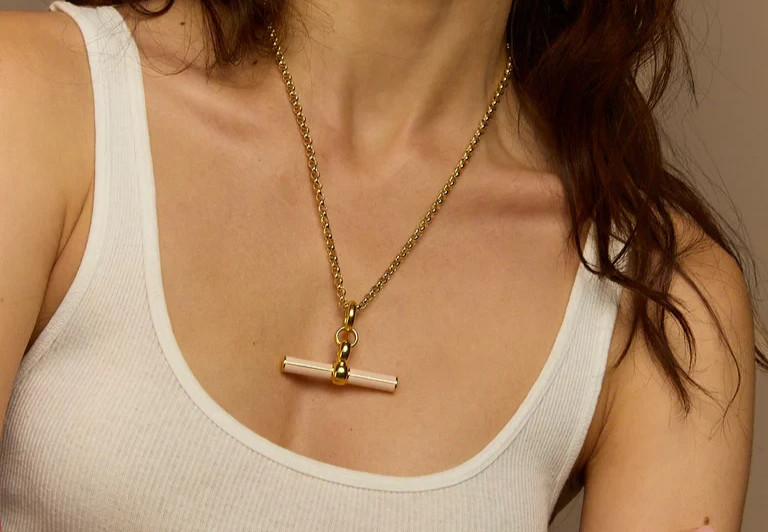 Rolo Chain T Bar Pendant Necklace Brass Metal with cream enamel necklace
