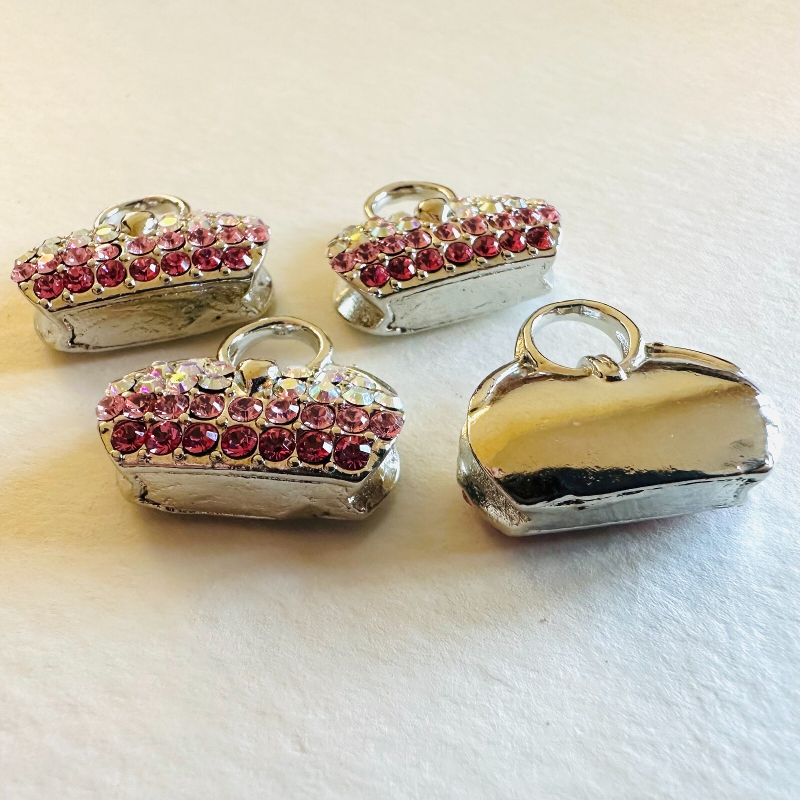 WM521 21x19mm metal purse pendant, pink & AB rhinestones, handle for hanging (4)