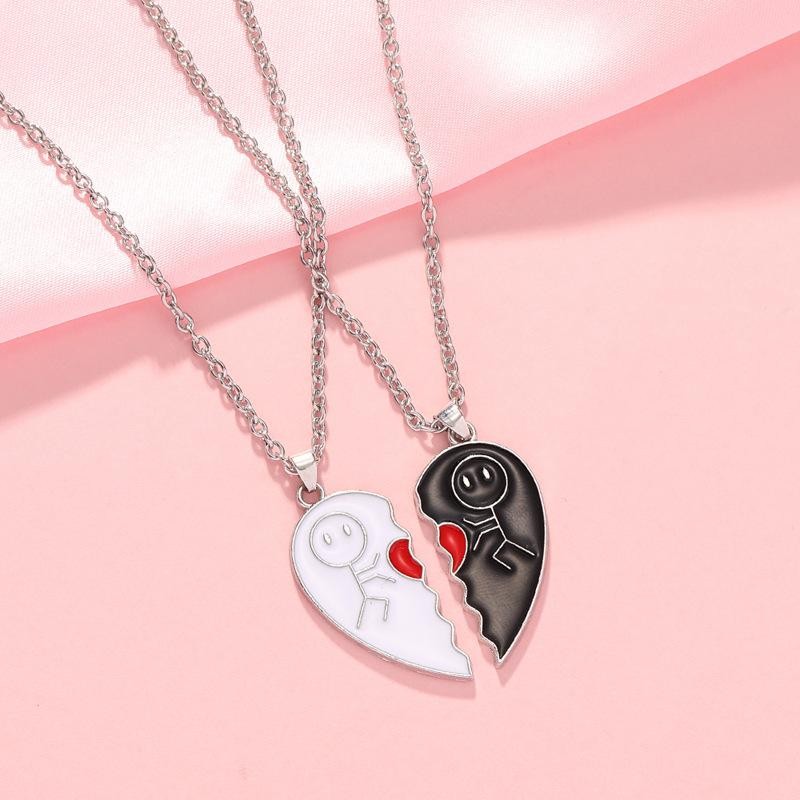 2pcs Magnet Matchstick People Lovers’ Black White Heart Pendant Chain Matching N