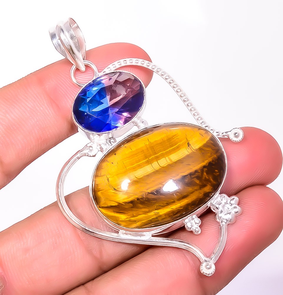 Yellow Tiger Eye& Bi Color Tourmaline 925 Silver Plated Pendant 2.73″ T2720