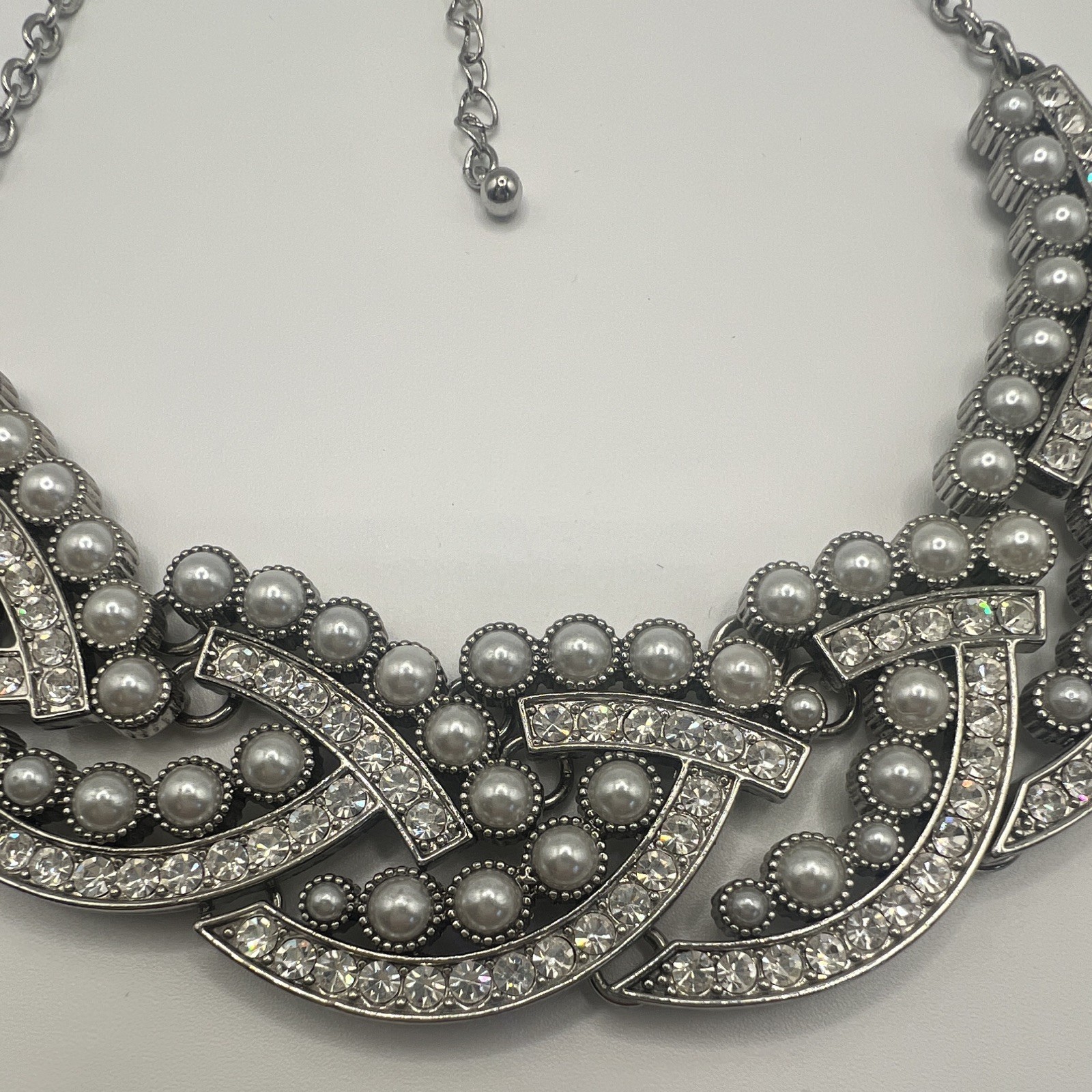 Premier Designs ‘Perfect Day’ Bib Faux Pearl Crystal Necklace,Bridal Wedding 20″