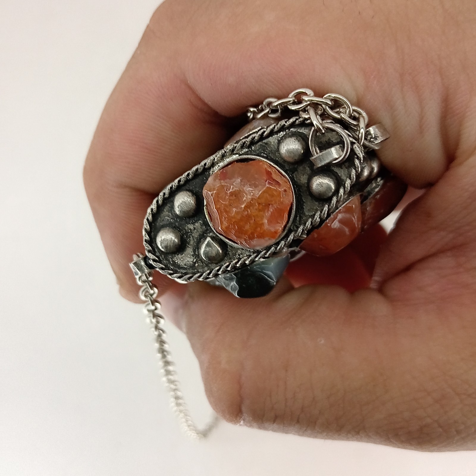 India 45MM Gemstone Antique Silver Brass Poison Locket Purse Pendant Necklace