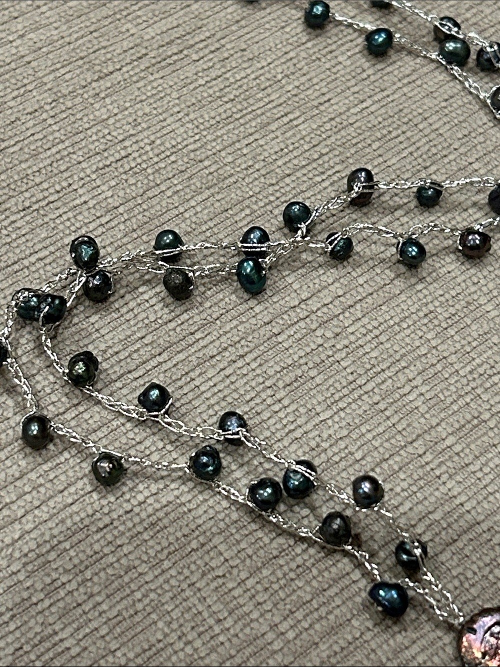 Delicate peacock Black Pearl Station Long Necklace with coin pearl Pendant