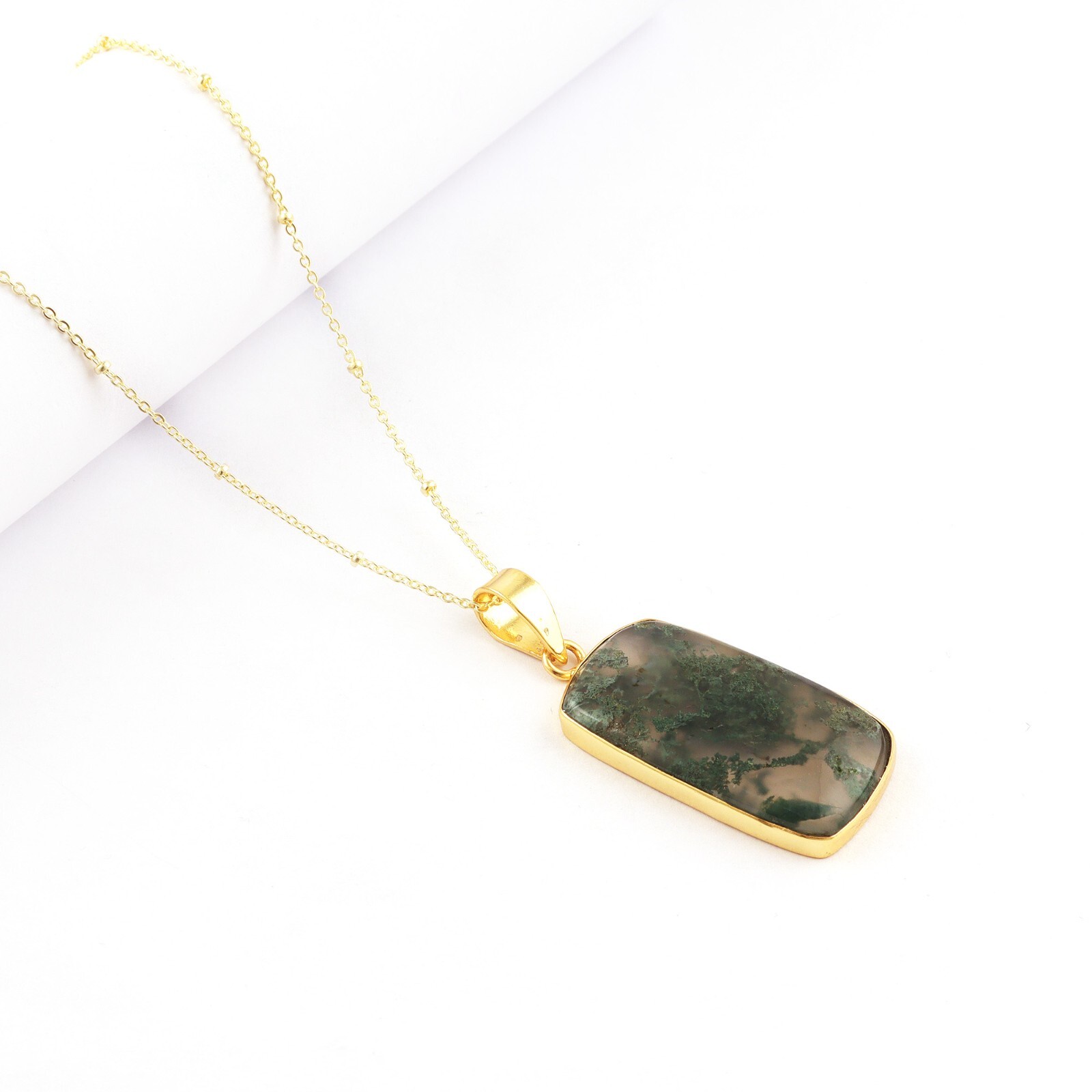 Unique Natural Moss Agate Gold Plated Beaded Chain Handmade Pendant Necklace