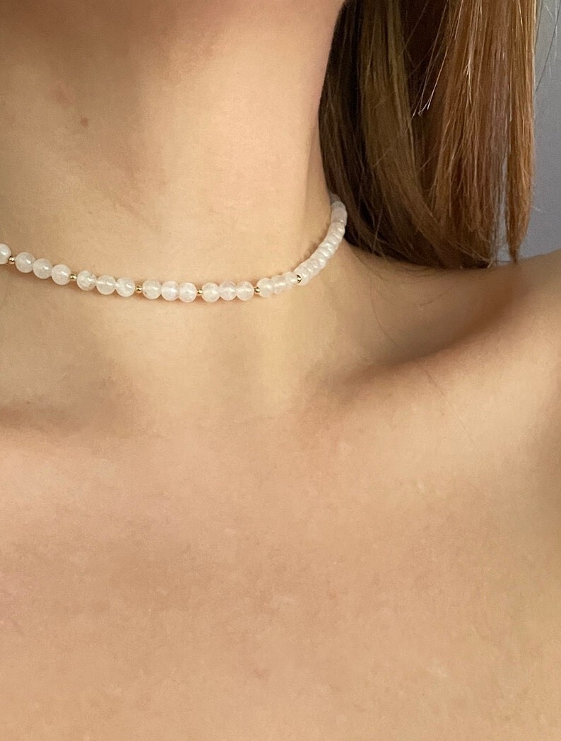 White Moonstone Smooth Round Gemstone Gold Filled Beads Handmade Necklaces 18”