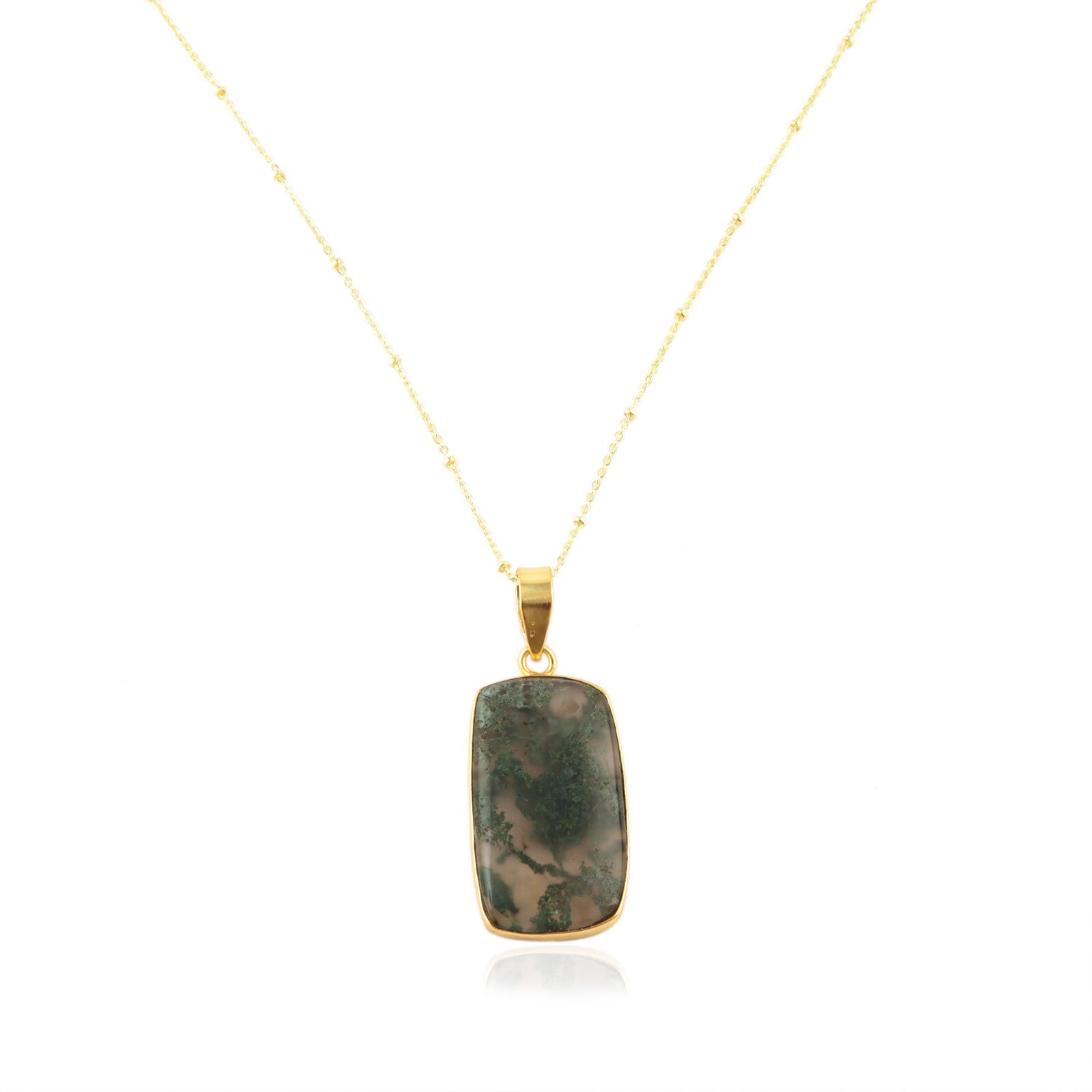 Unique Natural Moss Agate Gold Plated Beaded Chain Handmade Pendant Necklace