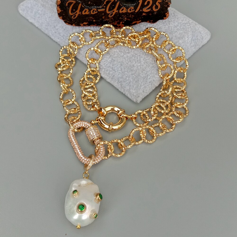 Cultured White Keshi Pearl Green Cz Pave Gold Plated Chain Necklace 18″