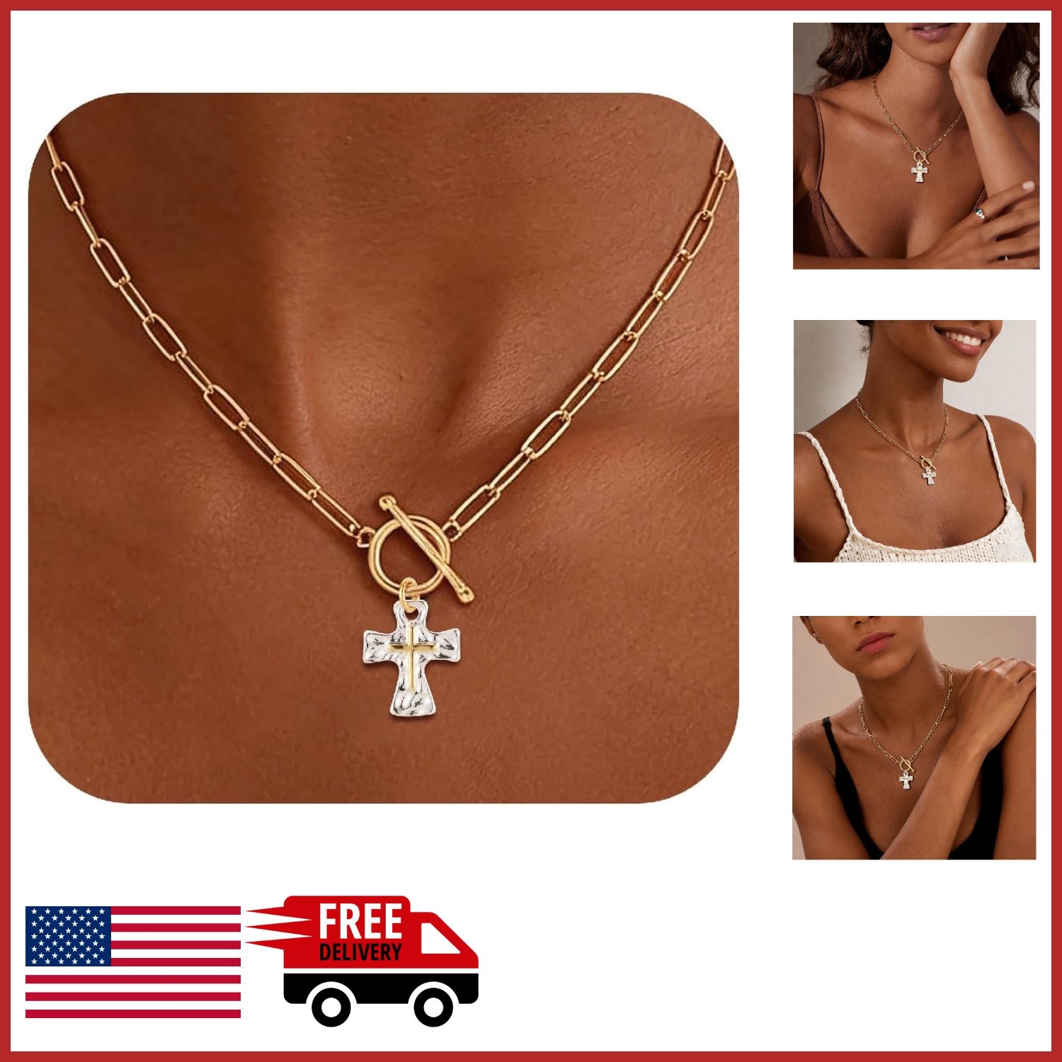 Trendy Silver Plated Cross Necklace for Women Layered Paperclip Chain 46cm