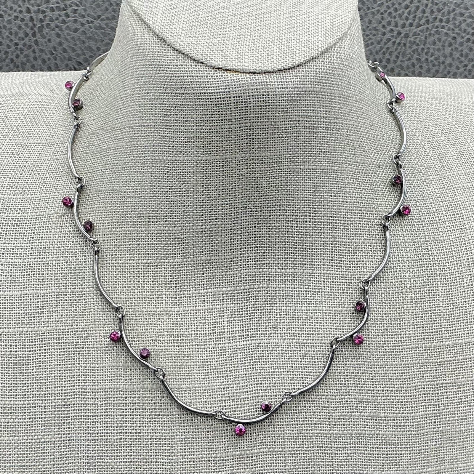 Express Necklace Womens Silver Tone Pink Crystal Station Wave Bar Adjustable 16″