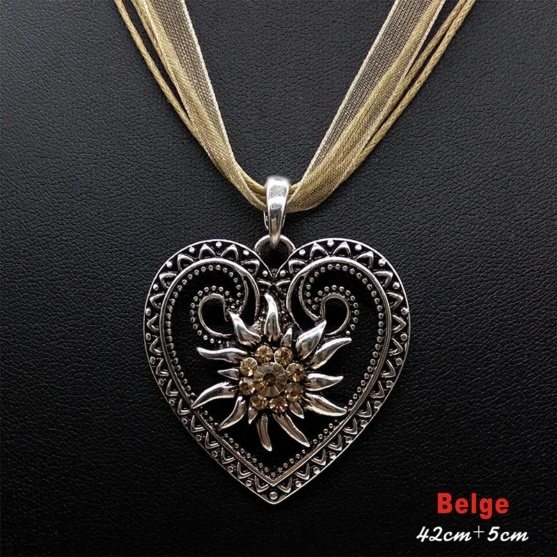 New Vintage Heart Edelweiss Flowers Necklace Organza Ribbon Pendant Women