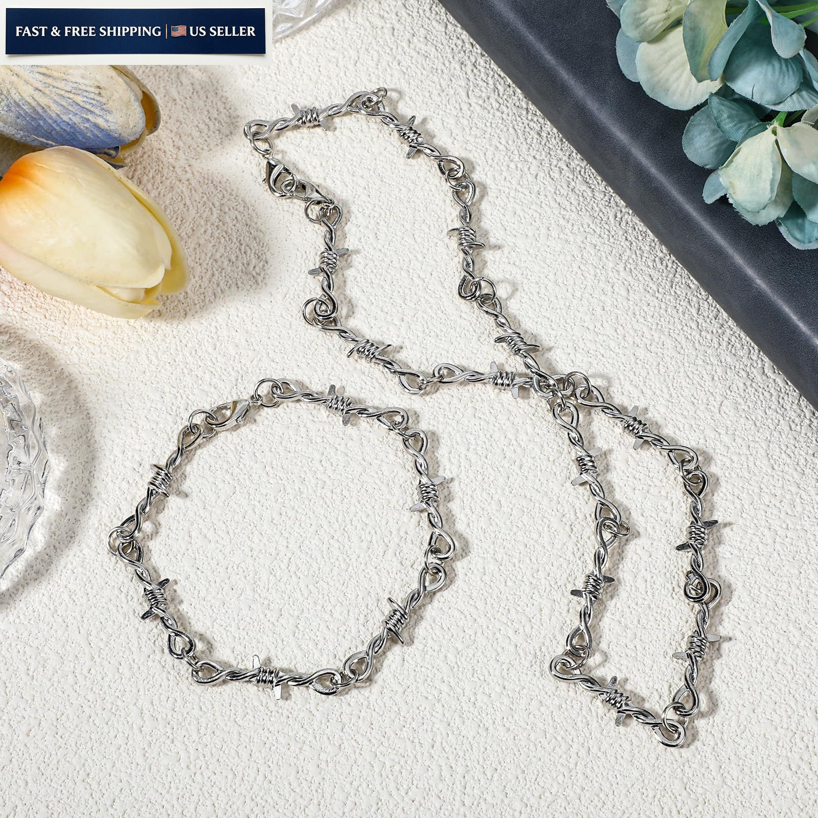 Yolev Barbed Wire Necklace and 10.5 cm (necklace) + 23 (bracelet), Silver