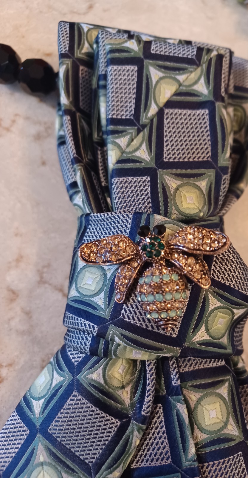 Handcrafted Necktie Necklace Rhinestone Bee Brooch