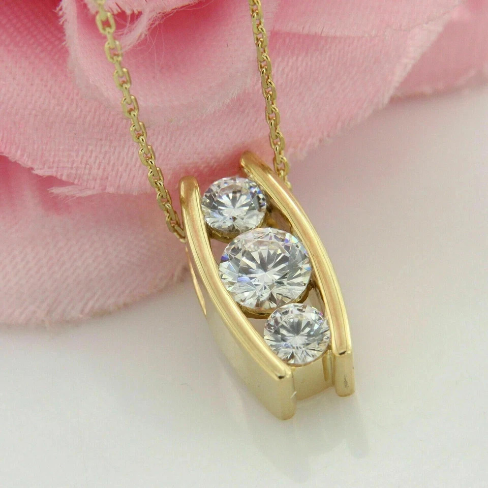 Three Stone Round 3 CT Simulated Diamond 14K Yellow Gold Plated Women Pendant