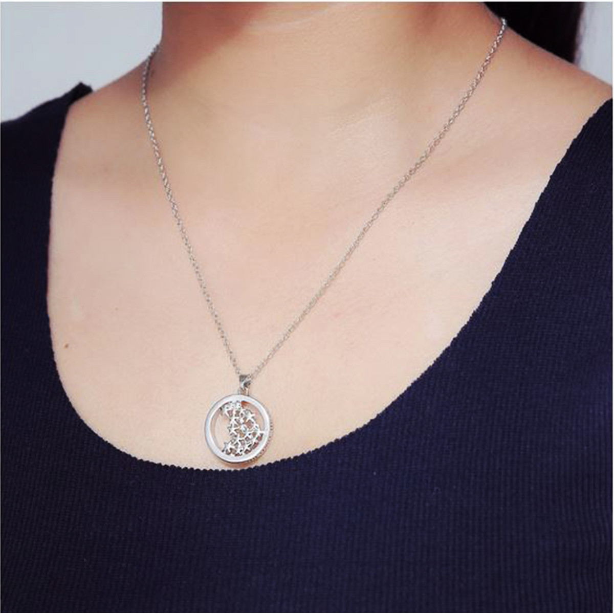 Engraved Necklace 14k White Gold Plated Star Round Pendant Women Jewelry 18″