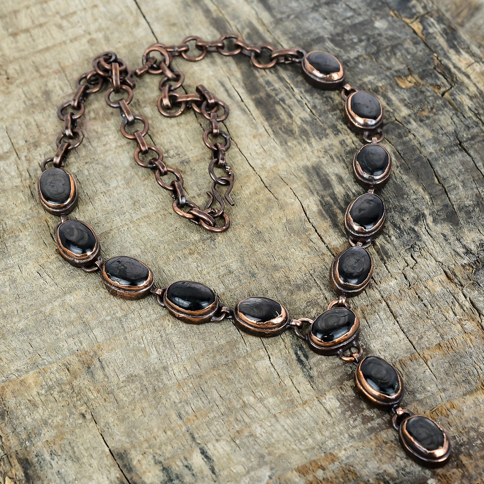 Copper Oval Hypersthene Gemstone Chain Wedding Electroformed Engagement Necklace